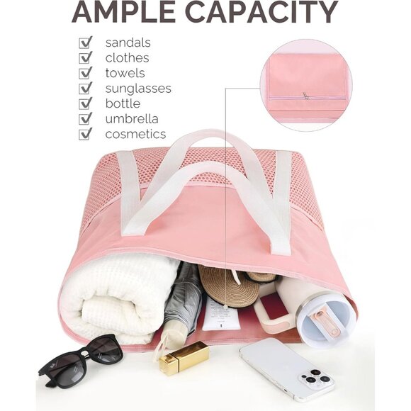 Women Pink Beach Bag Large Waterproof Sandproof Foldable Tote With Zipper Mesh - Picture 5 of 7